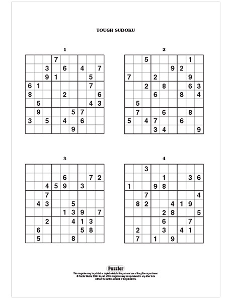 tough sudoku printable puzzle puzzler